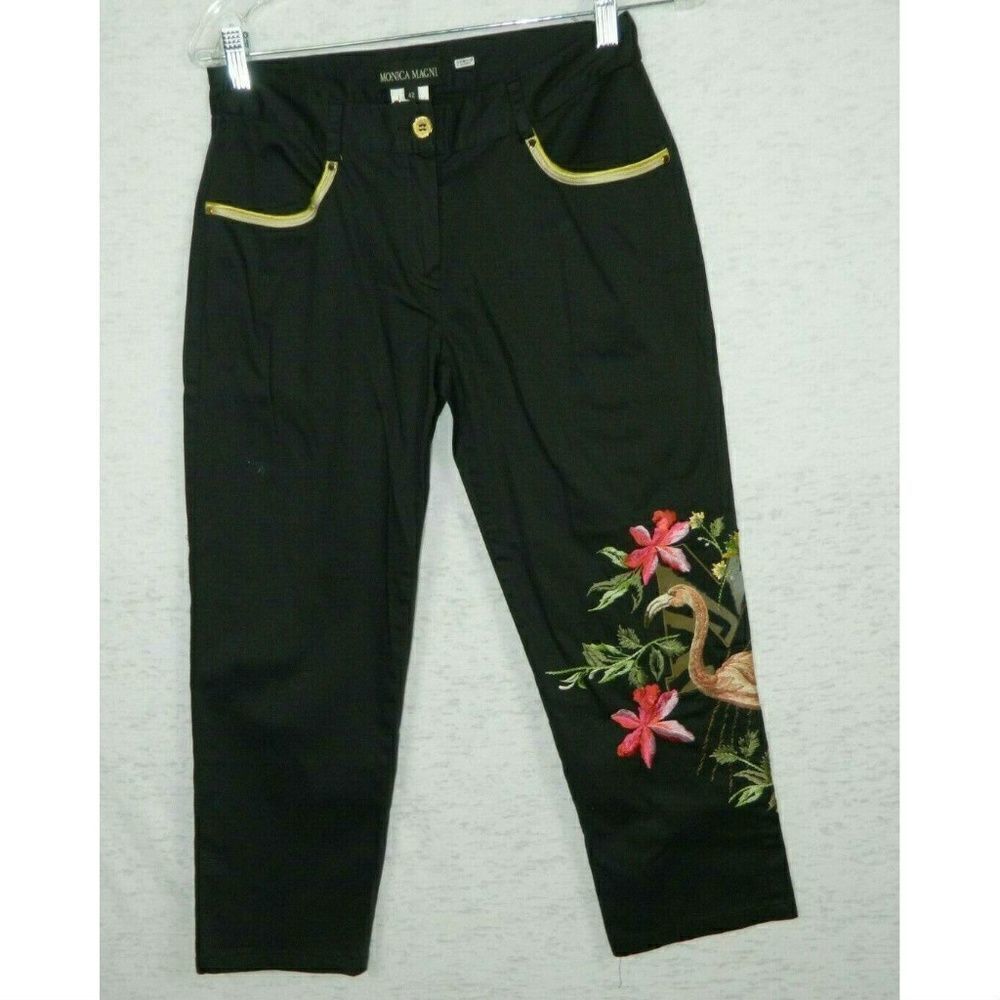 Monica Magni Pants Black Embroidery Cropped Sz 42